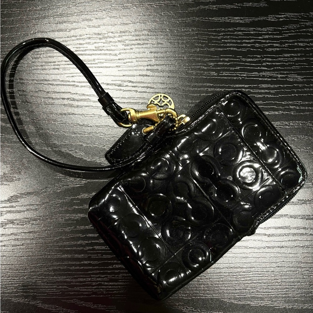 Coach Signature Patent Card Holder Black Wristlet
